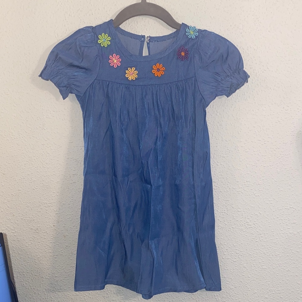 Blue Kids Dress with Floral Embroidery
